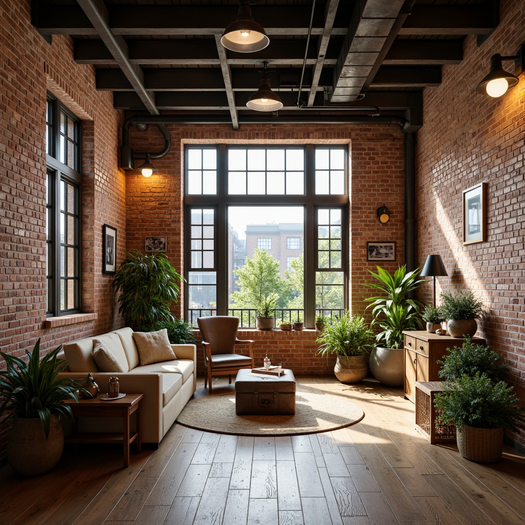 Prompt: Exposed brick walls, industrial metal beams, reclaimed wood flooring, vintage decorative items, cozy atmospheric lighting, soft pastel color palette, eclectic mix of antique and modern furniture, lush greenery, potted plants, natural textiles, urban cityscape views, concrete jungle, bustling streets, trendy cafes, art galleries, converted warehouses, open-plan living spaces, minimalist decor, functional simplicity, warm golden lighting, shallow depth of field, 1/1 composition, realistic textures, ambient occlusion.