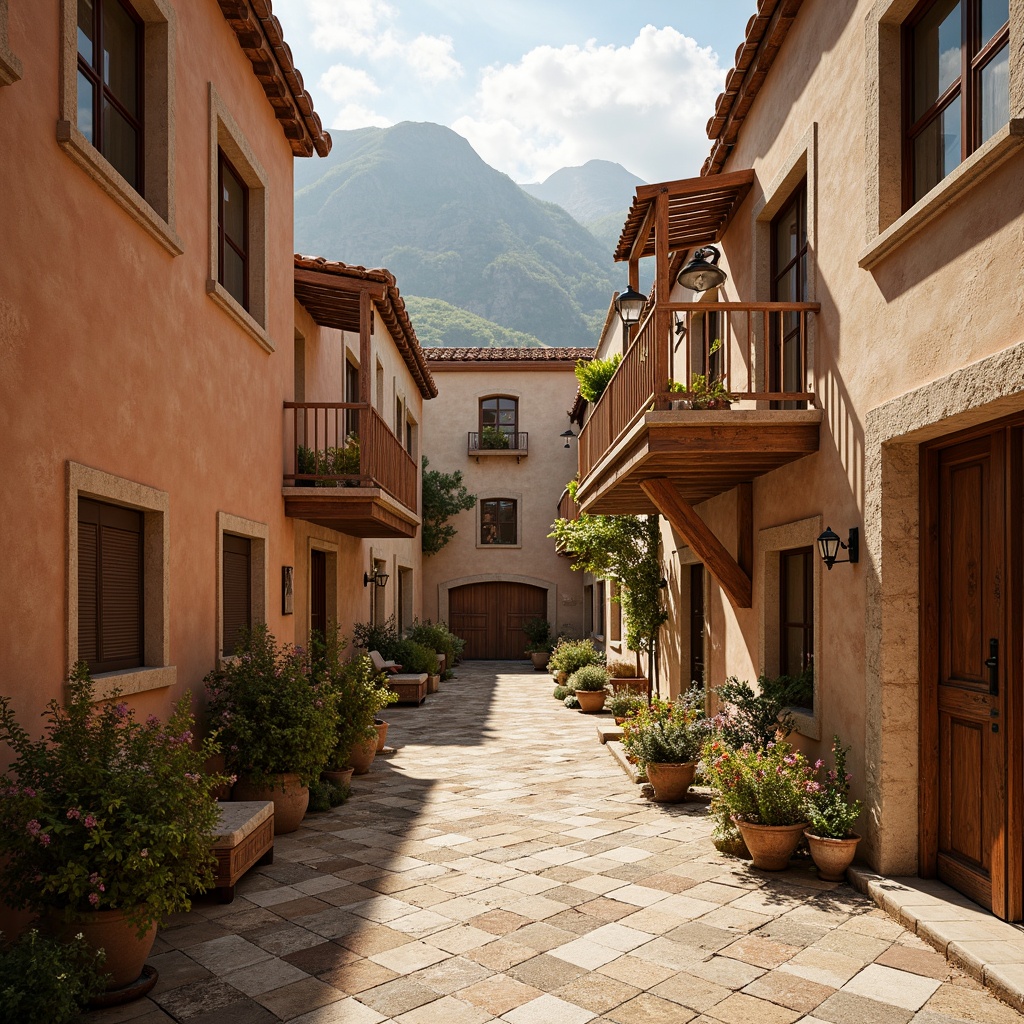 Prompt: Rustic village, earthy tones, natural materials, wooden accents, stone walls, clay roof tiles, distressed finishes, warm beige colors, soft peach hues, muted sienna shades, rich terracotta reds, deep umber browns, weathered wood textures, organic forms, irregular shapes, asymmetrical compositions, warm golden lighting, soft shadows, atmospheric perspective, 1/2 composition, intimate scale, realistic details.