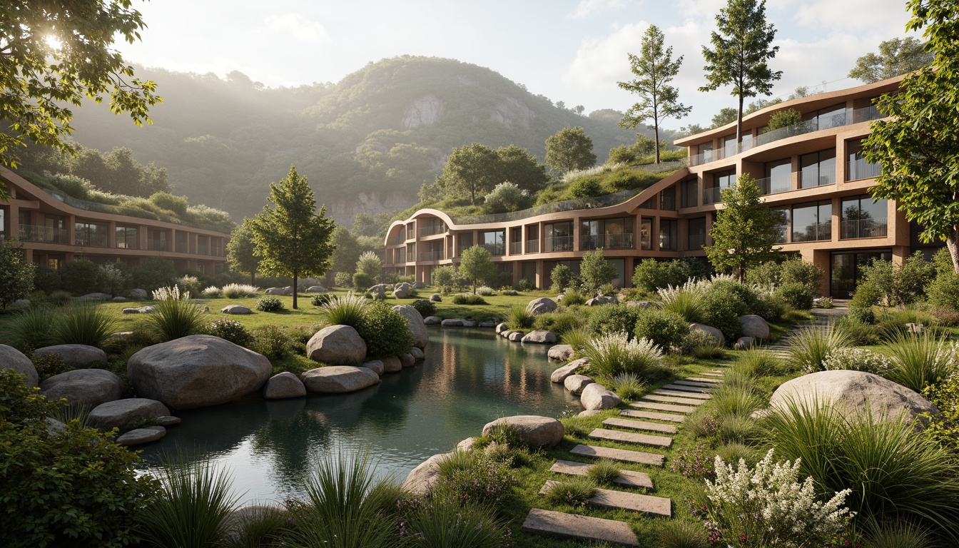 Prompt: Harmonious landscape integration, curved architecture, organic forms, lush green roofs, living walls, natural stone facades, wooden accents, earthy tones, serene atmosphere, misty morning, soft warm lighting, shallow depth of field, 3/4 composition, panoramic view, realistic textures, ambient occlusion, blending boundaries, seamless transitions, sustainable design, eco-friendly materials, innovative water features, tranquil ponds, meandering pathways, vibrant wildflowers, towering trees, dramatic skies.