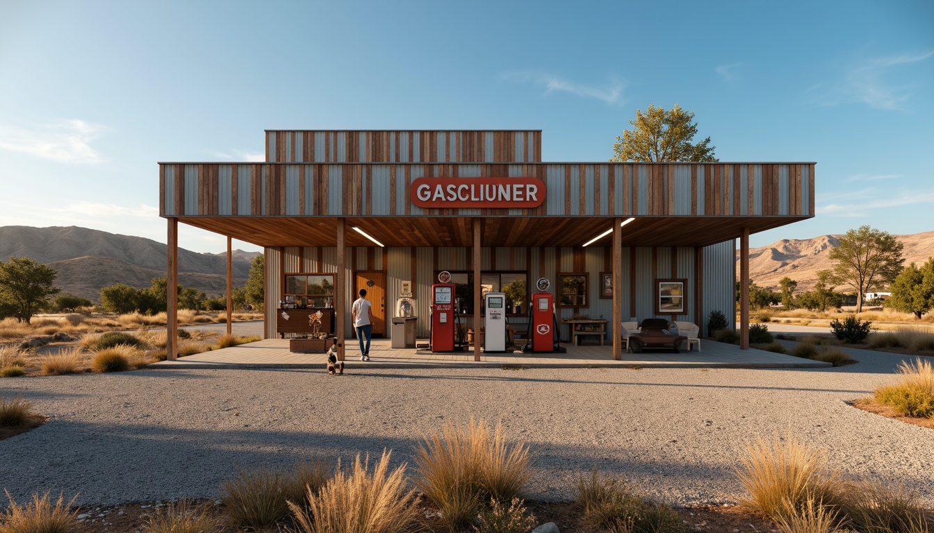 Prompt: Rustic gas station, regionalist architecture, earthy tones, wooden accents, corrugated metal cladding, vintage petrol pumps, nostalgic signage, rural landscape, rolling hills, blue skies, warm sunlight, soft focus, shallow depth of field, 1/2 composition, symmetrical framing, realistic textures, ambient occlusion.