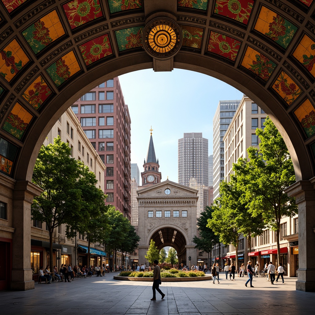 Prompt: Curved ornate train station, grand entrance archways, intricate ironwork, stained glass canopies, vibrant ceramic tiles, ornamental clock towers, lush greenery, urban cityscape, bustling streets, modern skyscrapers, historical landmarks, eclectic architectural styles, warm golden lighting, shallow depth of field, 2/3 composition, panoramic view, realistic textures, ambient occlusion.