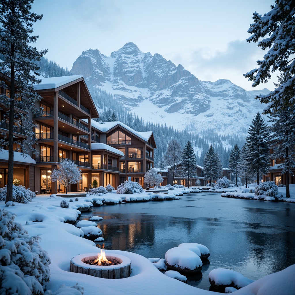 Prompt: Snow-capped mountains, frosty air, vibrant ski resort, modern architecture, wooden accents, warm fireplaces, cozy lodges, frozen lakes, snowflake patterns, icy blues, crisp whites, rich browns, earthy tones, natural textures, rustic materials, dramatic lighting, misty atmosphere, 1/2 composition, shallow depth of field, cinematic mood.