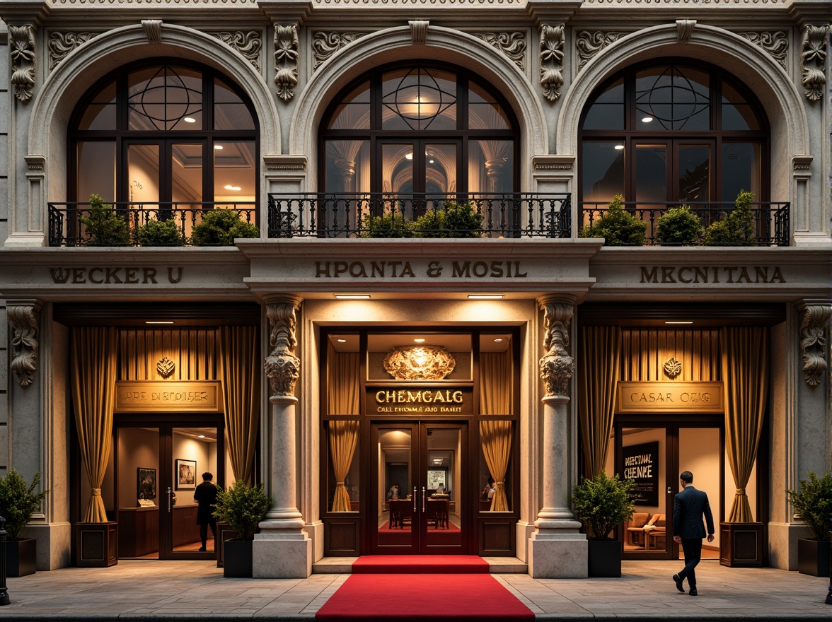 Prompt: Ornate cinema facade, Romanesque arches, intricate stone carvings, grand entrance, red carpet, golden accents, ornamental columns, decorative balconies, stained glass windows, vintage signage, warm soft lighting, shallow depth of field, 1/1 composition, cinematic atmosphere, realistic textures, ambient occlusion.