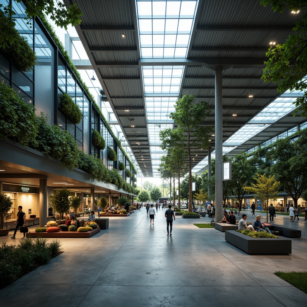 Prompt: Modern bus station, large glass roofs, clerestory windows, translucent panels, minimal obstructions, open floor plan, reflective surfaces, polished concrete floors, steel beams, exposed ductwork, natural ventilation systems, abundant greenery, lush plants, living walls, skylights, solar tubes, LED lighting, soft warm ambiance, shallow depth of field, 1/1 composition, realistic textures, ambient occlusion.