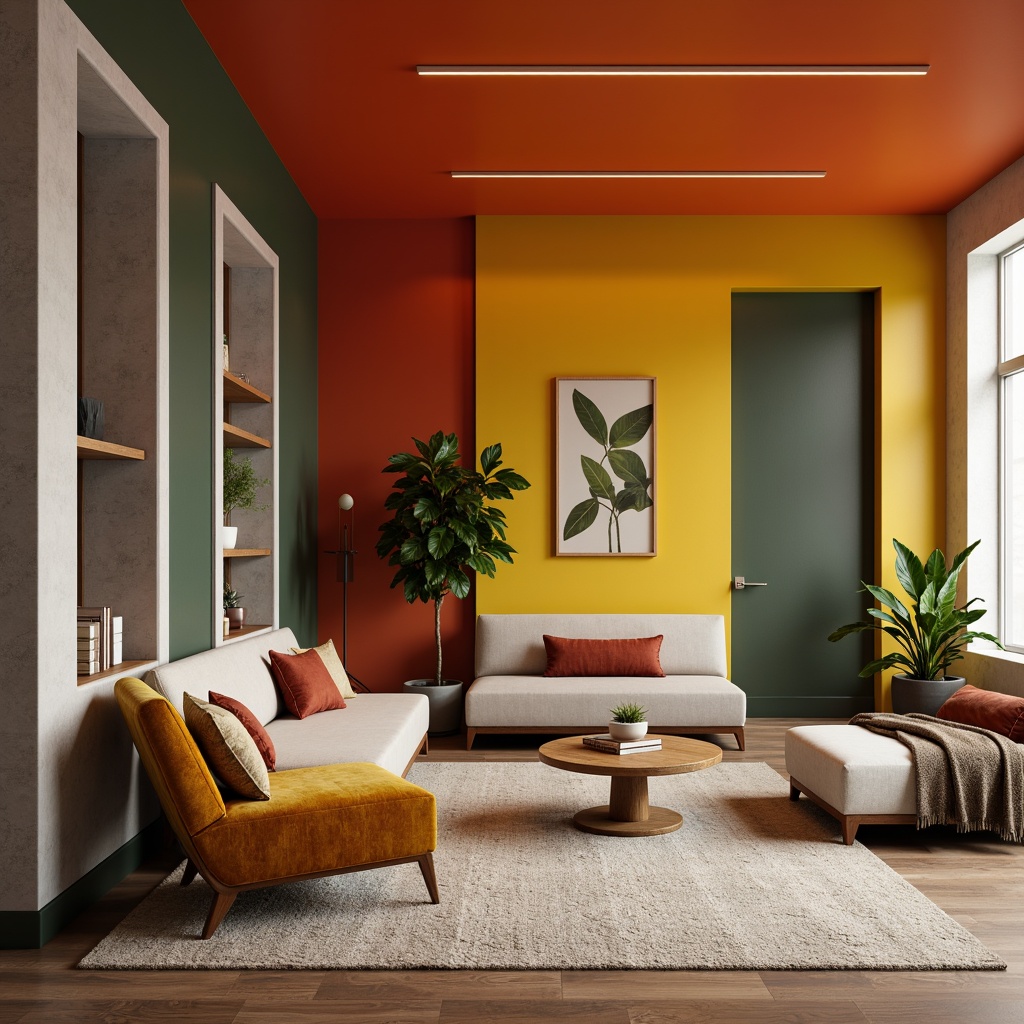 Prompt: Vibrant modern interior design, sleek furniture, bold color blocking, contrasting hues, warm beige accents, cool grey tones, rich wood textures, metallic finishes, ambient lighting, 3/4 composition, shallow depth of field, soft focus effect, realistic renderings.