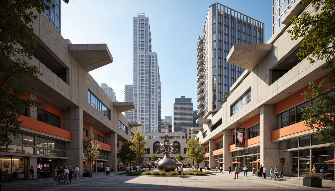 Prompt: Vibrant urban plaza, dynamic geometric shapes, bold concrete structures, industrial metal beams, futuristic skyscrapers, abstract sculptures, modern art installations, lively street performers, eclectic food vendors, bustling pedestrian traffic, sunny afternoon light, high-contrast shadows, dramatic architectural angles, cinematic composition, shallow depth of field, 1/1 ratio framing.