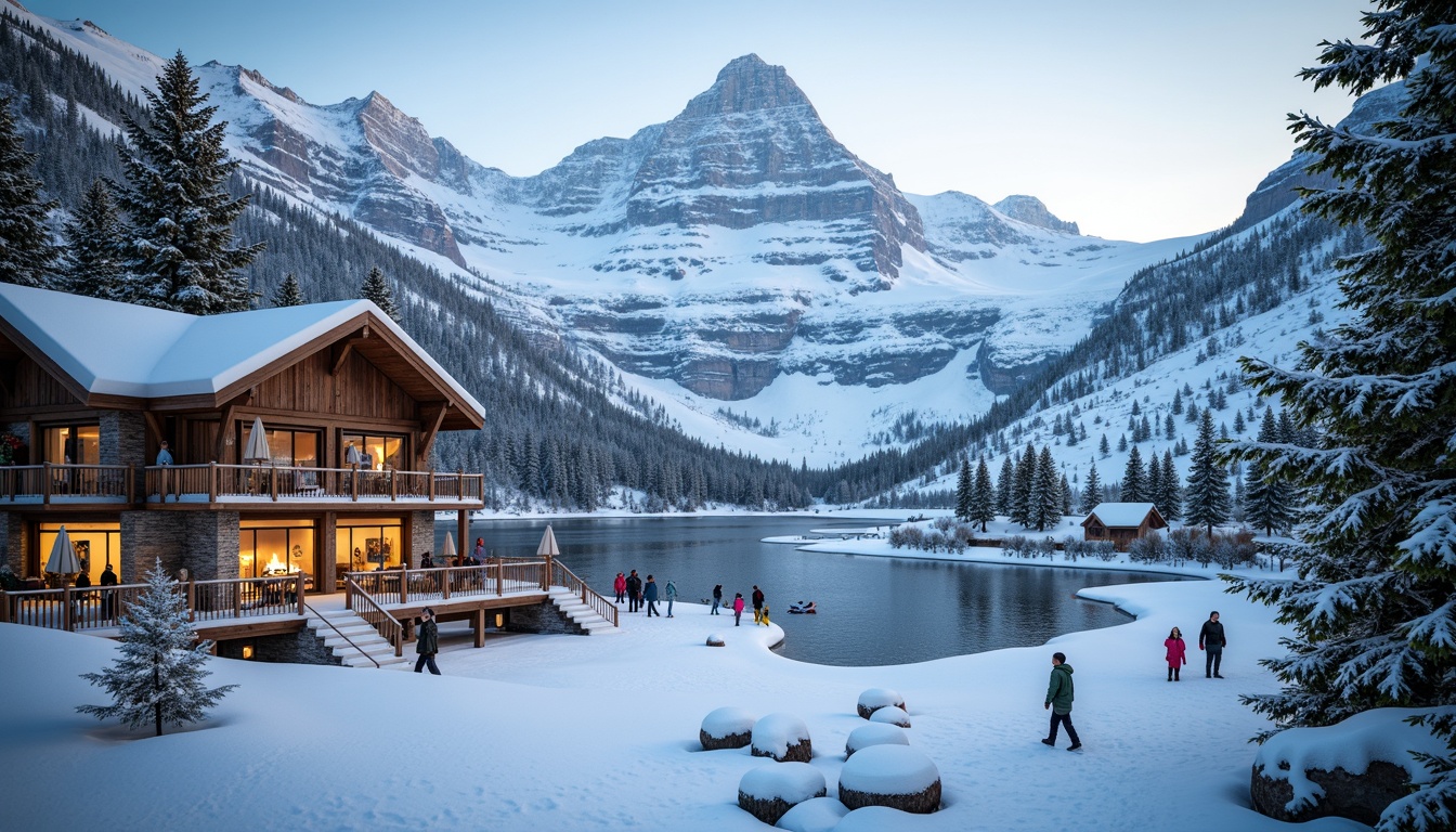 Prompt: Snow-capped mountain peaks, frozen lakes, ski lifts, snowflakes, wooden chalets, rustic stone walls, cozy fireplaces, warm lighting, vibrant winter sports equipment, colorful ski suits, snowy pine trees, frosty mornings, crisp air, powdery snow textures, realistic ice effects, shallow depth of field, 3/4 composition, panoramic view, ambient occlusion.