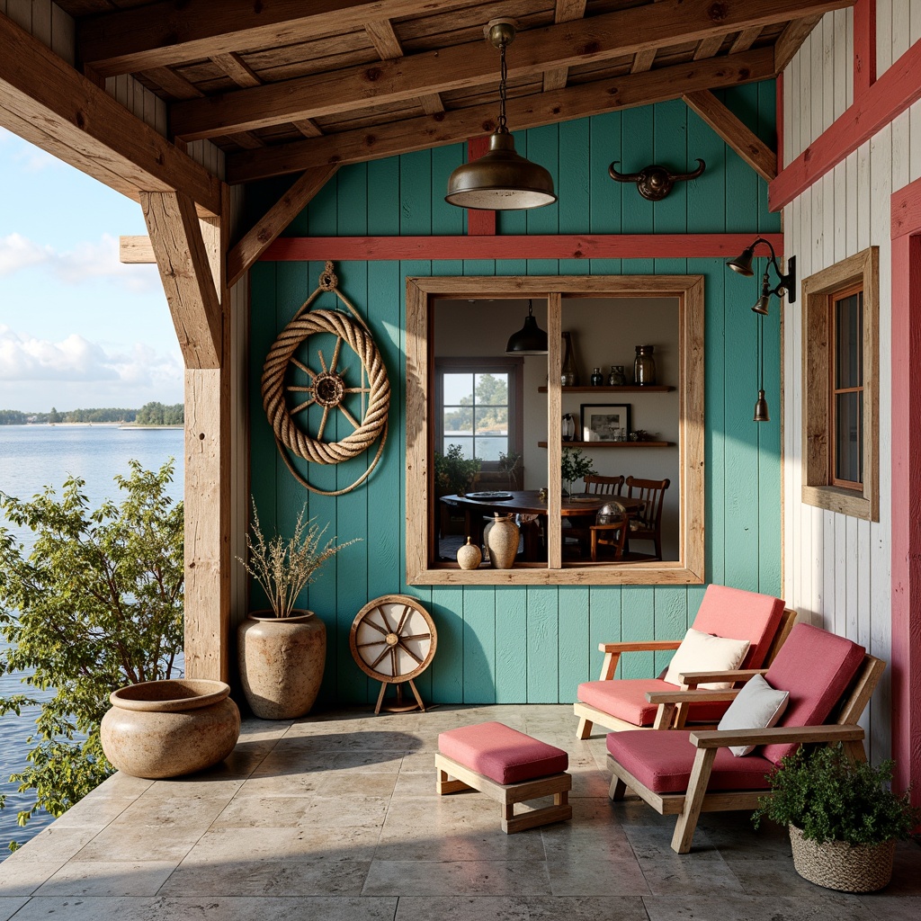 Prompt: Rustic boathouse, weathered wood textures, distressed metal accents, nautical rope details, vibrant turquoise hues, coral pink tones, creamy whites, rich browns, natural stone foundations, angular geometric shapes, asymmetrical composition, bold color blocking, eclectic decorative elements, vintage nautical artifacts, whimsical ornate fixtures, soft warm lighting, shallow depth of field, 1/2 composition, panoramic view, realistic weathering effects.