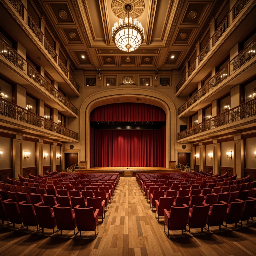 Prompt: Elegant auditorium interior, curved rows of seats, polished wooden floors, ornate chandeliers, acoustic panels, tiered balconies, grand stage, velvet curtains, plush red seats, intricate ceiling details, symmetrical architecture, natural stone walls, warm ambient lighting, shallow depth of field, 1/1 composition, realistic textures, subtle shadows.