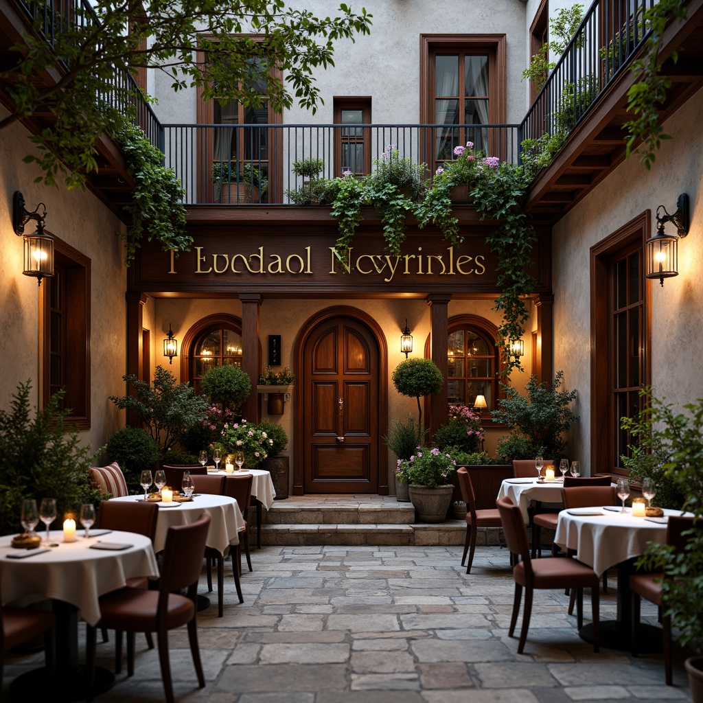 Prompt: Rustic wooden facade, vintage signage, soft warm lighting, intimate courtyard, lush greenery, blooming flowers, distressed stone walls, ornate metal railings, elegant archways, grand entrance, lavish decorations, rich textiles, velvet drapes, crystal chandeliers, candlelit tables, cozy nooks, plush furnishings, warm earthy tones, French Renaissance-inspired architecture, ornate wooden doors, stained glass windows, 1/1 composition, shallow depth of field, soft focus effect.