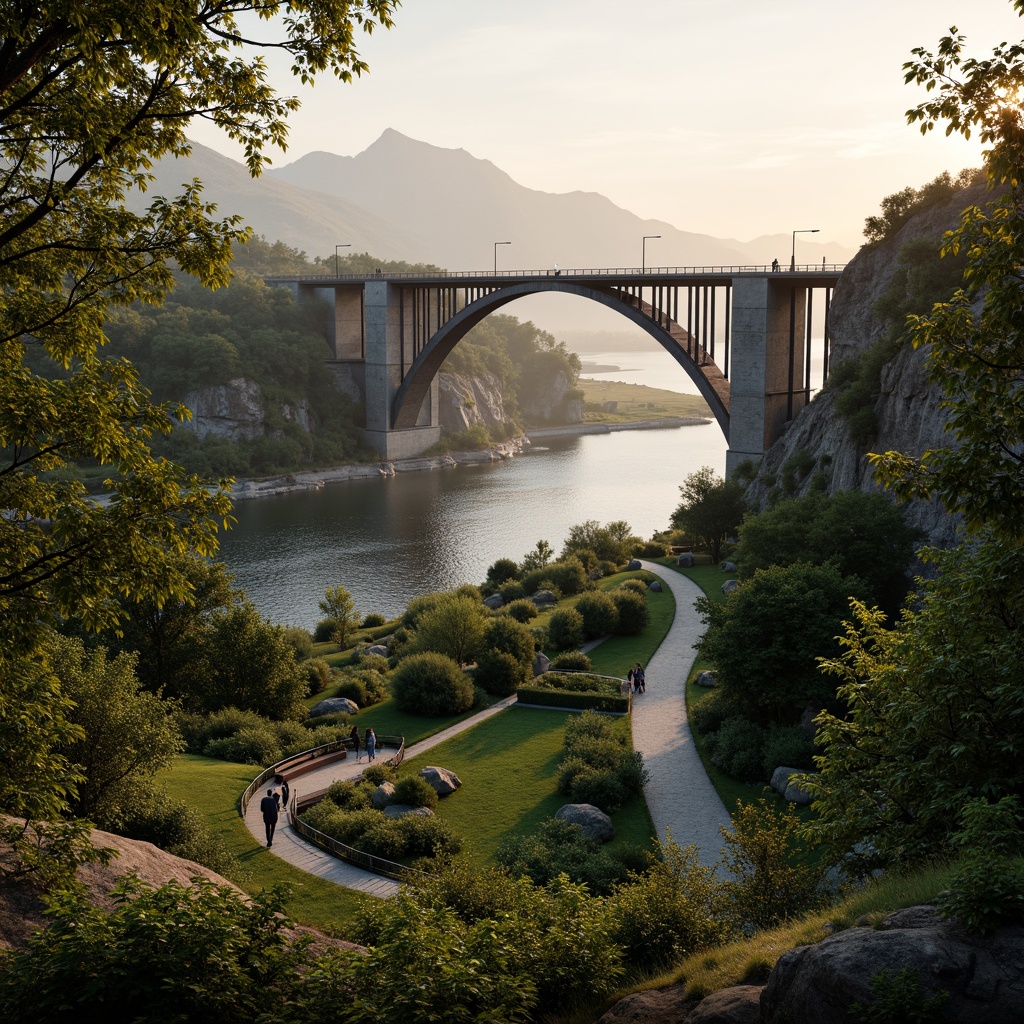 Prompt: Curved bridge silhouette, harmonious landscape integration, lush greenery, natural stone abutments, steel arches, suspension cables, water reflection, serene river flow, gentle slope approaches, pedestrian walkways, cyclist paths, scenic lookout points, benches with backrests, rustic railings, warm sunset lighting, soft misty atmosphere, atmospheric perspective, 1/2 composition, realistic textures, ambient occlusion.