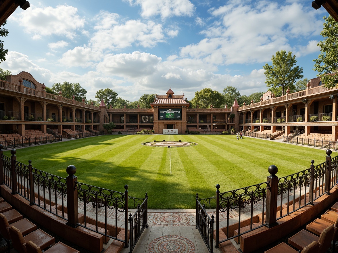 Prompt: Renaissance-style sports field, lush green grass, ornate iron fences, rustic stone walls, vintage scoreboard, classic wooden bleachers, distressed leather seats, antique bronze fixtures, intricate mosaic patterns, warm golden lighting, shallow depth of field, 1/2 composition, realistic textures, ambient occlusion, natural atmosphere, sunny day, fluffy white clouds.