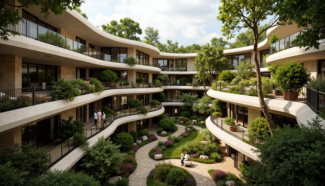 Prompt: Curved lines, undulating roofs, natural stone fa\u00e7ades, earthy color palette, green walls, living roofs, biomimicry architecture, free-flowing spaces, organic forms, sinuous balconies, wavy railings, botanical gardens, lush vegetation, vibrant flowers, sunlight filtering, dappled shadows, warm ambiance, cozy nooks, 1/1 composition, shallow depth of field, soft focus, natural textures, earthy materials.