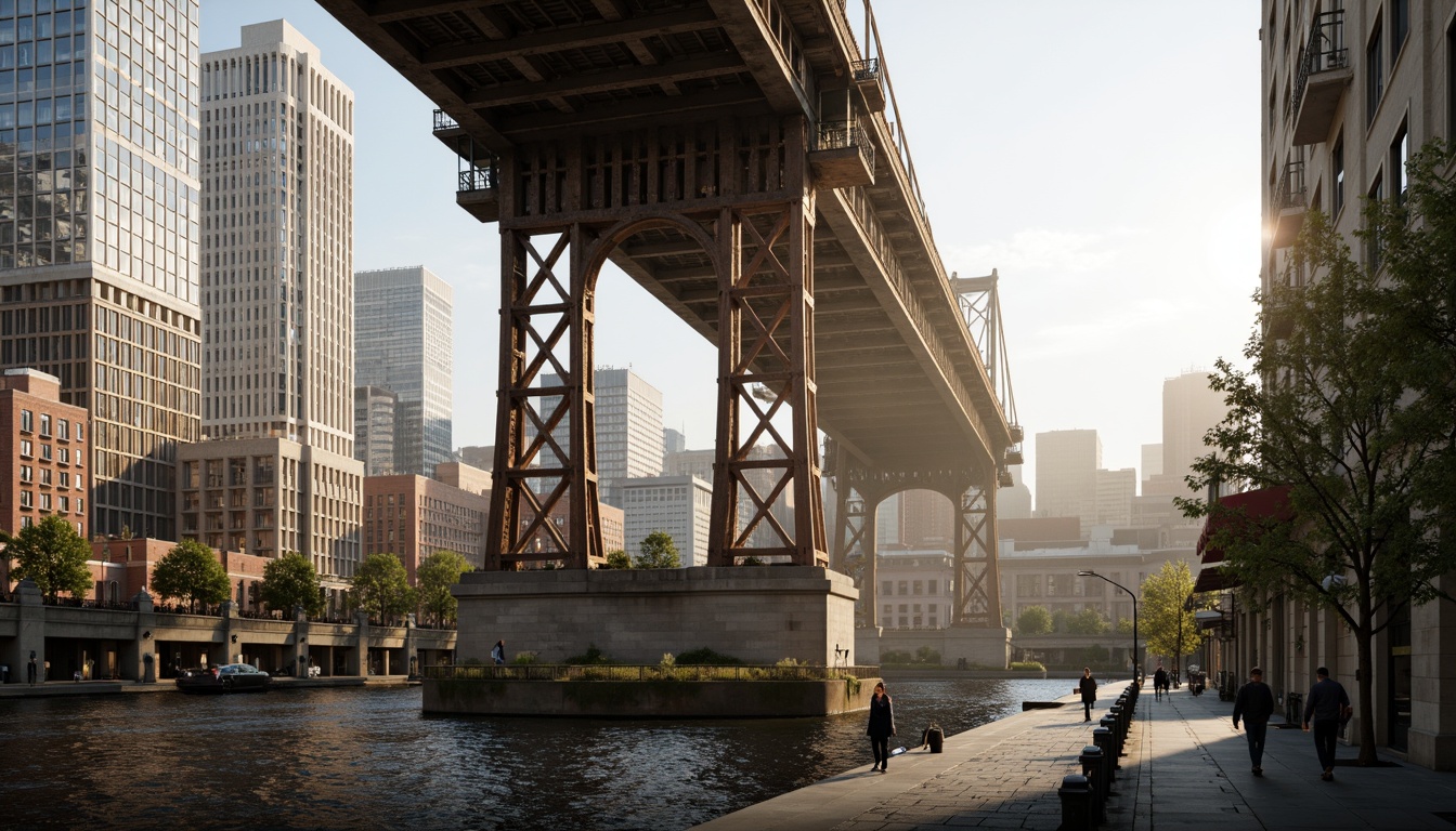 Prompt: Vibrant cityscape, majestic bridge architecture, steel beams, suspension cables, modern urban design, cool gray concrete, weathered bronze accents, warm golden lighting, misty atmospheric effects, shallow depth of field, 1/2 composition, symmetrical view, realistic metallic textures, ambient occlusion, industrial landscape, urban riverbank, pedestrian walkways, dynamic traffic flow, morning fog, soft sunbeams.