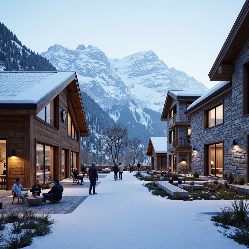 Prompt: Snow-capped mountains, frosty air, modern ski center, wooden chalets, stone facades, large windows, panoramic views, sleek metal roofs, minimalist design, functional interiors, warm lighting, rustic wood accents, comfortable seating areas, vibrant color schemes, dynamic textures, ambient occlusion, realistic snow effects, misty atmosphere, soft focus, 3/4 composition, shallow depth of field.