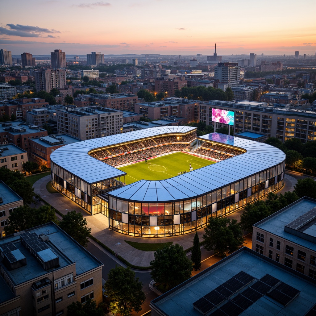 Prompt: Vibrant football stadium, curved facade, dynamic LED lighting, cantilevered roofs, angular lines, modern architecture, social housing units, balconies with metal railings, green roofs, solar panels, wind turbines, sustainable energy solutions, urban landscape, bustling city life, warm evening atmosphere, soft golden lighting, shallow depth of field, 1/1 composition, realistic textures, ambient occlusion.