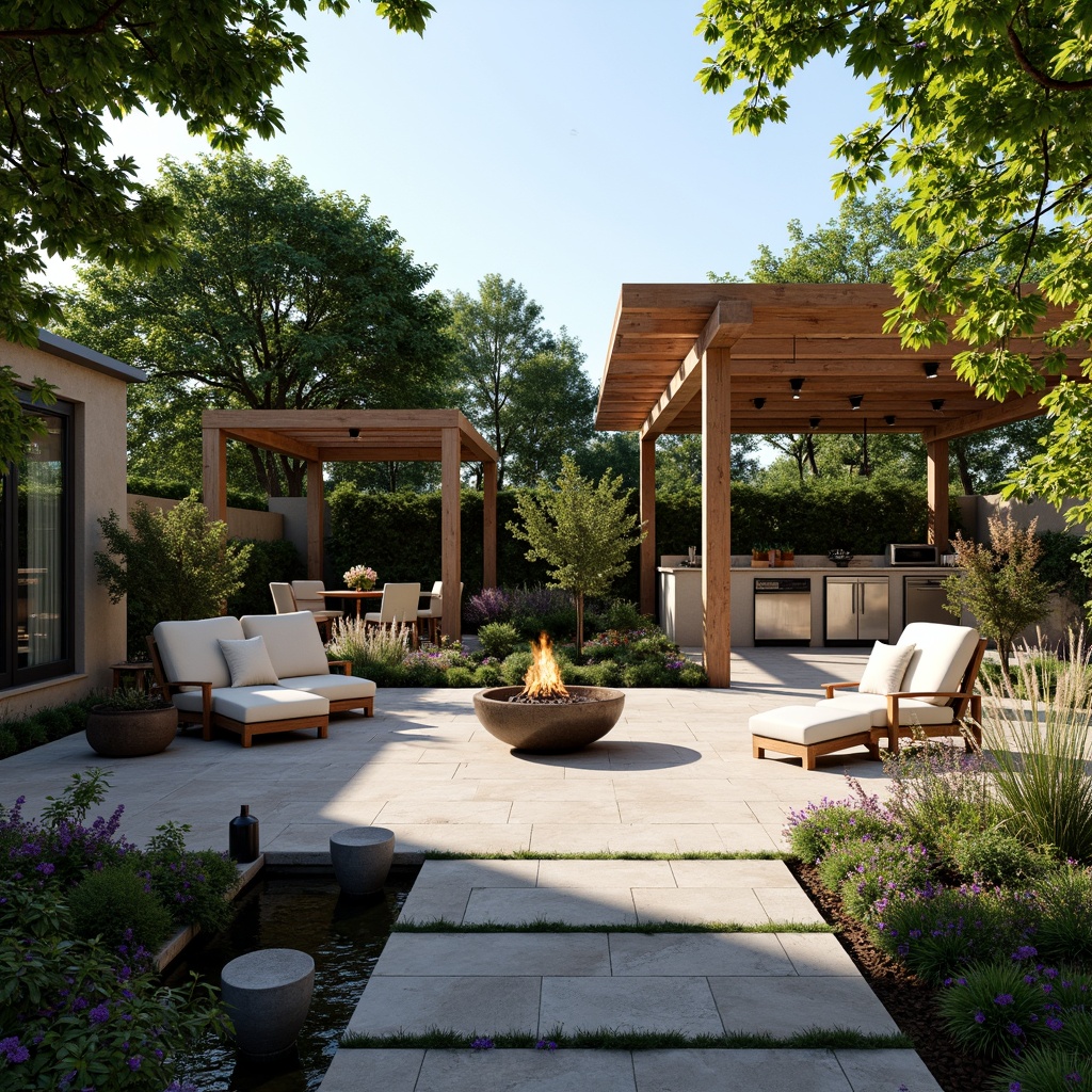 Prompt: Inviting patio, natural stone flooring, lush greenery, vibrant flowers, modern outdoor furniture, cozy fire pit, ambient string lights, wooden pergola, retractable canopy, functional seating areas, outdoor kitchenette, stainless steel appliances, built-in planters, water feature, small pond, fountain, bird baths, sunny day, soft warm lighting, shallow depth of field, 3/4 composition, panoramic view, realistic textures, ambient occlusion.