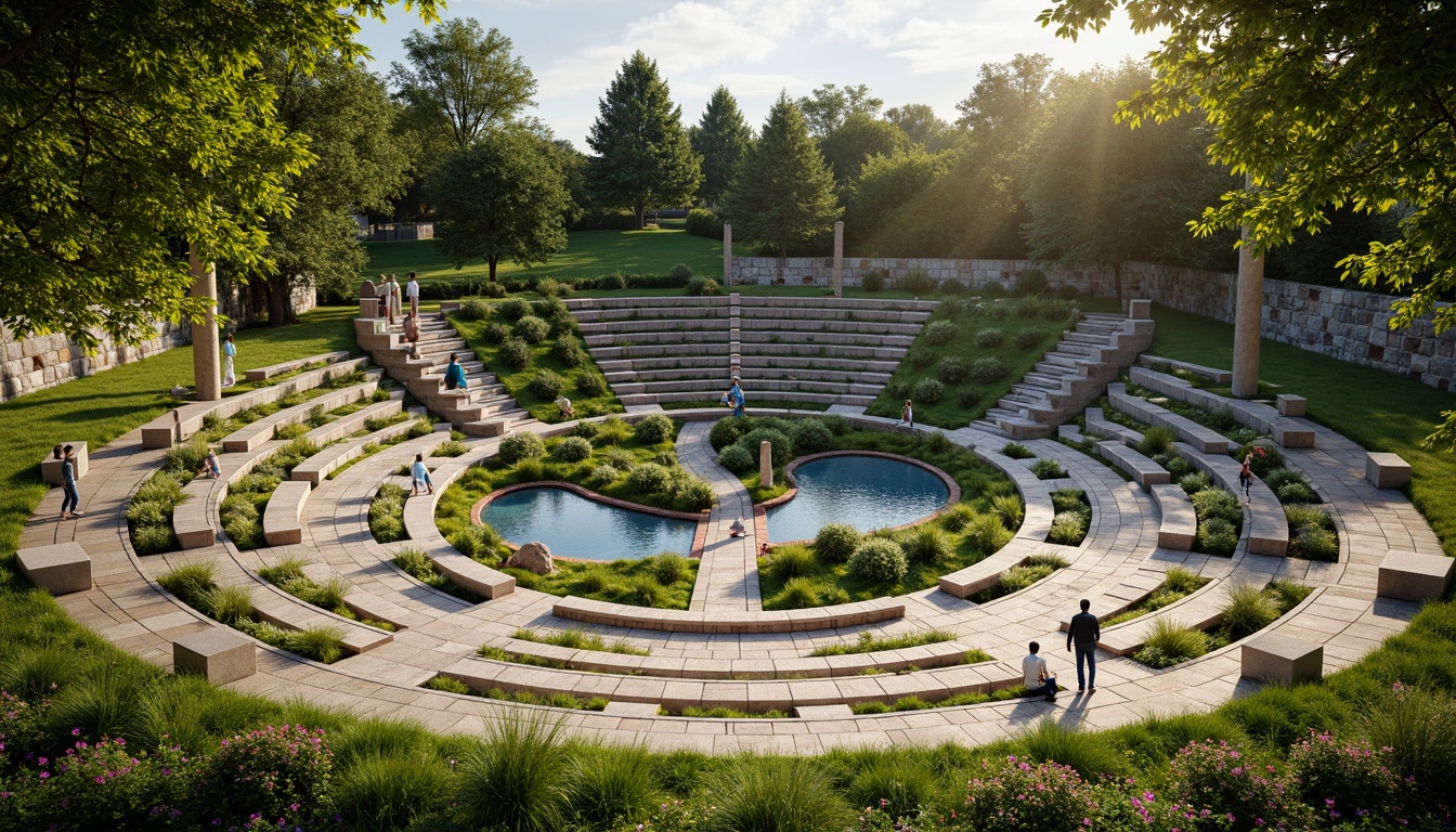 Prompt: Curved amphitheater seating, lush green grass, vibrant flower beds, meandering stone pathways, natural rock formations, tiered landscape design, harmonious water features, serene ponds, tranquil fountains, soft warm lighting, shallow depth of field, 3/4 composition, panoramic view, realistic textures, ambient occlusion, wooden benches, rustic railings, earthy tones, organic shapes, flowing curves, symmetrical balance, natural harmony.