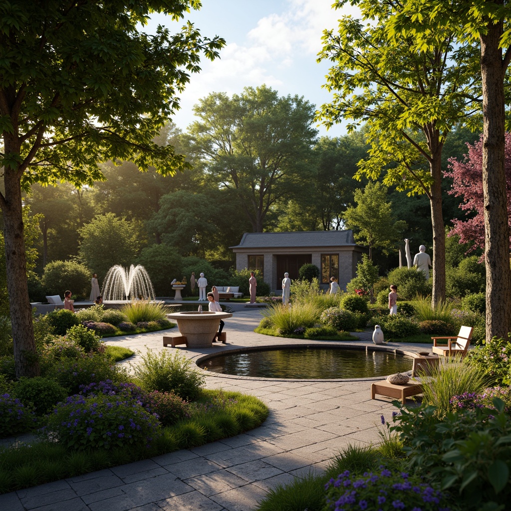 Prompt: Vibrant botanical garden, lush greenery, meandering pathways, tranquil water features, ornate fountains, decorative statues, blooming flowers, seasonal plantings, natural stone walls, wooden benches, rustic lanterns, warm sunset lighting, shallow depth of field, 1/1 composition, intimate perspective, realistic textures, ambient occlusion.