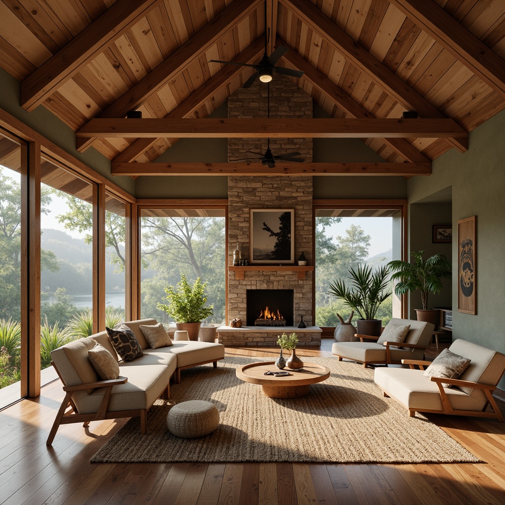 Prompt: Earth-toned cabin, wooden accents, stone fireplace, reclaimed wood furniture, woven bamboo textiles, natural fiber rugs, earthy color palette, organic shapes, minimalist decor, floor-to-ceiling windows, seamless integration with surroundings, lush greenery, misty morning, soft diffused lighting, 1/1 composition, realistic textures, ambient occlusion.