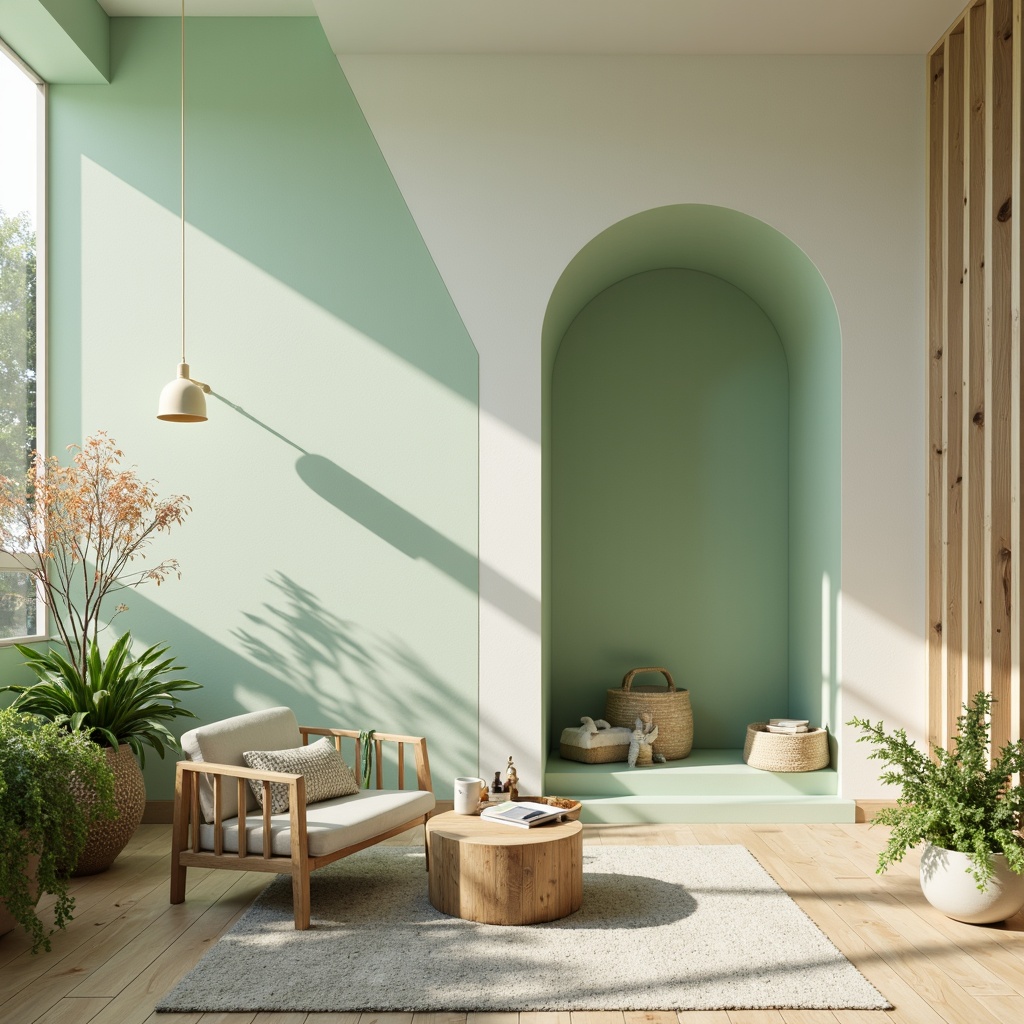 Prompt: Soft mint walls, pastel green roofs, creamy white accents, natural wood textures, minimal ornamentation, modern Scandinavian architecture, cozy reading nooks, plush furniture, calming atmosphere, warm morning light, subtle shadows, shallow depth of field, 1/1 composition, realistic materials, ambient occlusion, serene ambiance.