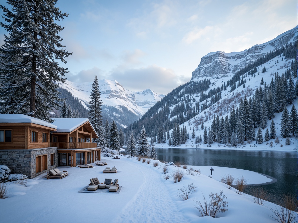 Prompt: Snow-capped mountains, frosty pine trees, icy lakes, ski lifts, snowshoes, winter sports equipment, rustic wooden cabins, stone fireplaces, warm cozy lighting, misty morning atmosphere, shallow depth of field, 1/2 composition, panoramic view, realistic textures, ambient occlusion.