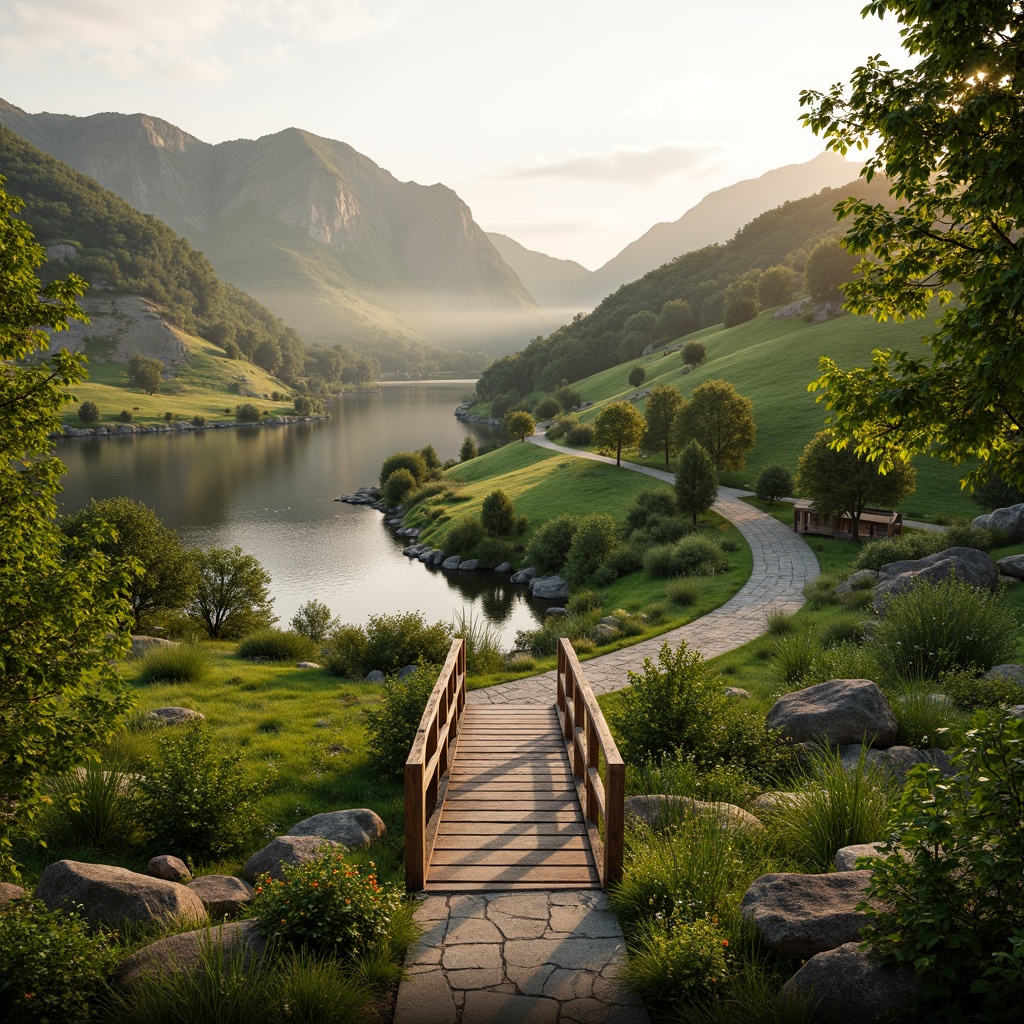 Prompt: Sweeping hills, lush green meadows, serene lakeside, rustic wooden bridges, natural stone pathways, vibrant wildflowers, blooming trees, subtle morning mist, warm golden lighting, soft focus, shallow depth of field, 2/3 composition, panoramic view, realistic textures, ambient occlusion, harmonious color palette, organic shapes, curved lines, blending with nature, eco-friendly materials, sustainable design.