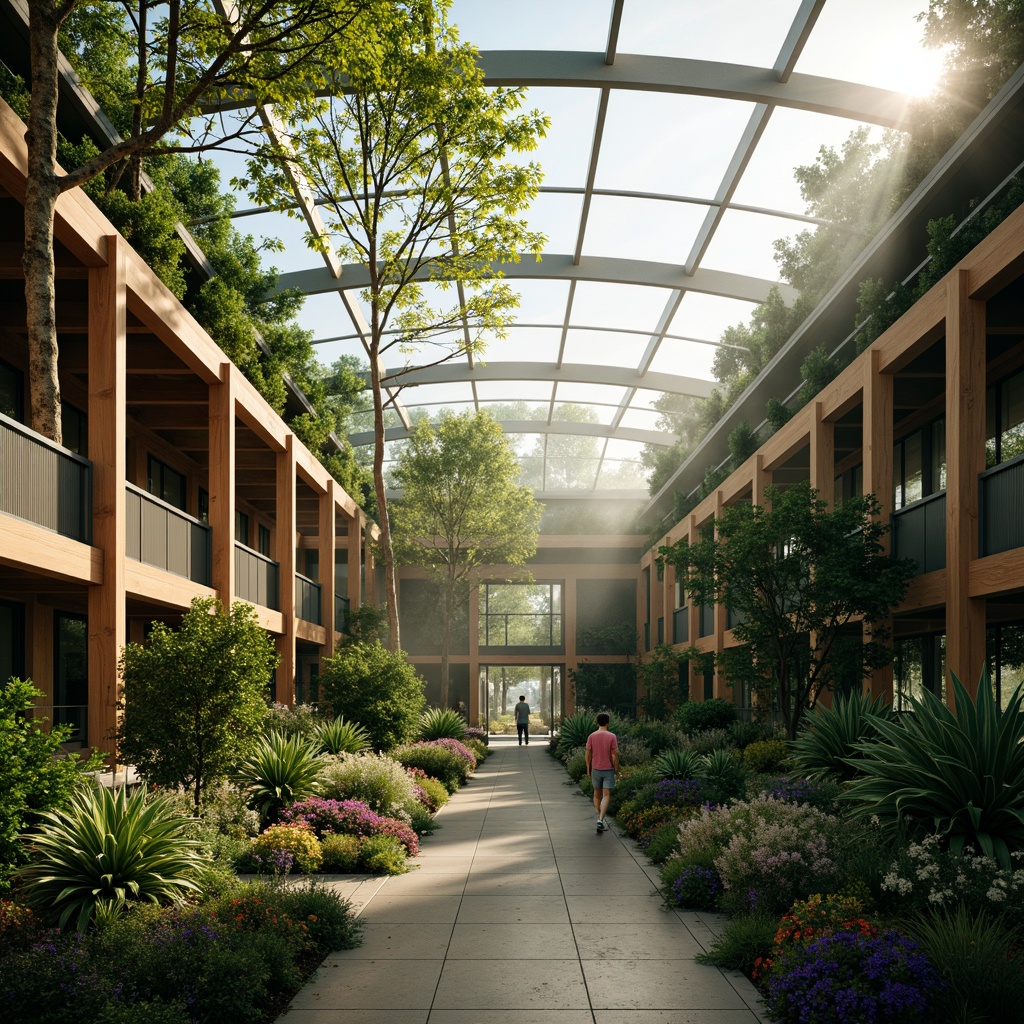 Prompt: Lush greenery, tropical plants, warm sunlight, misty atmosphere, curved glass roofs, steel frames, wooden accents, natural stone walls, large windows, sliding glass doors, clerestory windows, skylights, reflective surfaces, diffused lighting, soft shadows, 1/1 composition, symmetrical framing, panoramic view, realistic textures, ambient occlusion.