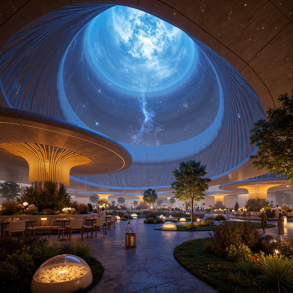 Prompt: Celestial planetarium, iridescent nebulae, swirling galaxies, shimmering stardust, luminescent mushrooms, bioluminescent accents, futuristic architecture, curvaceous lines, organic forms, translucent canopies, glowing orbs, ethereal ambiance, soft misty atmosphere, atmospheric perspective, warm golden lighting, subtle gradient effects, 3D modeling, intricate details, realistic textures, ambient occlusion.