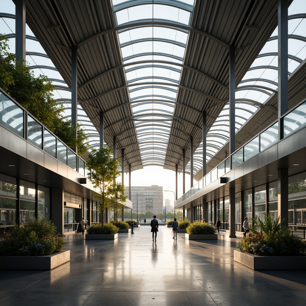 Prompt: Modern bus station, curved rooflines, clerestory windows, natural ventilation systems, translucent roofs, skylights, solar tubes, reflective surfaces, polished concrete floors, minimalist seating areas, green walls, urban landscape views, morning sunlight, soft warm lighting, shallow depth of field, 3/4 composition, panoramic view, realistic textures, ambient occlusion.