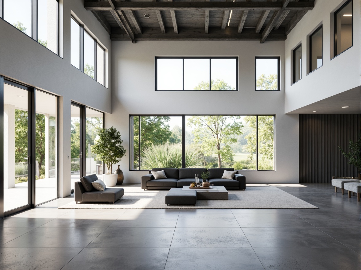 Prompt: Minimalist interior, open floor plan, high ceilings, large windows, sliding glass doors, sleek metal frames, polished concrete floors, industrial-chic decor, functional spaces, efficient circulation paths, modular furniture, geometric shapes, monochromatic color scheme, abundant natural light, soft indirect lighting, 1/1 composition, shallow depth of field, realistic textures, ambient occlusion.