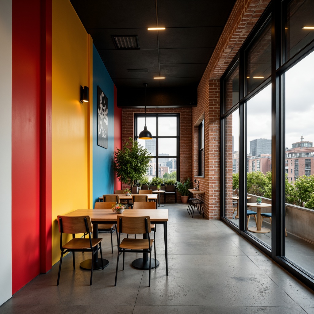 Prompt: Vibrant Bauhaus dining hall, geometric shapes, bold color blocks, primary colors, industrial materials, exposed brick walls, polished concrete floors, minimalist tables, steel chairs, modern lighting fixtures, warm ambient glow, shallow depth of field, 1/1 composition, realistic textures, subtle shadows, afternoon soft light, urban cityscape views, abstract artwork, typographic signage, functional simplicity.