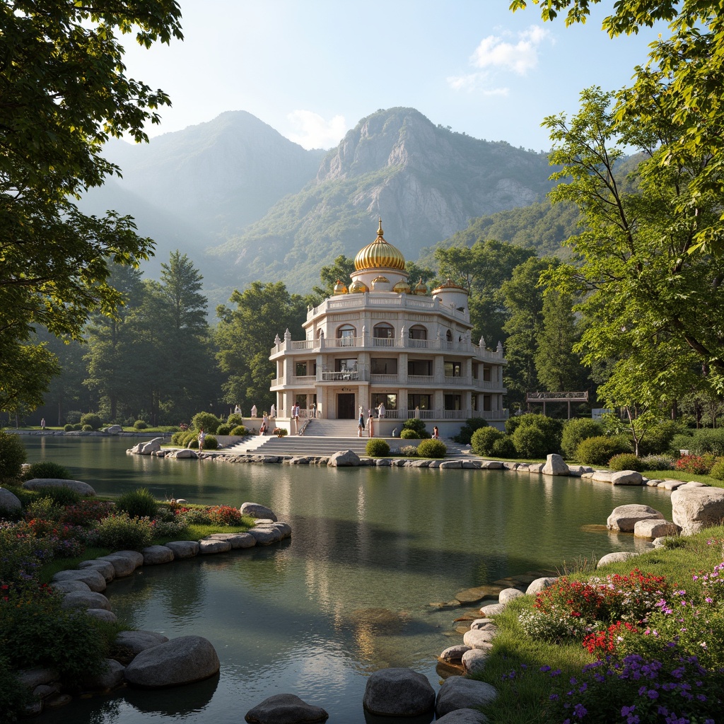 Prompt: Sacred temple, intricately carved stone walls, golden domes, serene natural surroundings, lush green forests, misty mountains, tranquil lakeside, gentle water features, stepping stones, meandering pathways, vibrant blooming flowers, soft warm lighting, shallow depth of field, 3/4 composition, panoramic view, realistic textures, ambient occlusion.