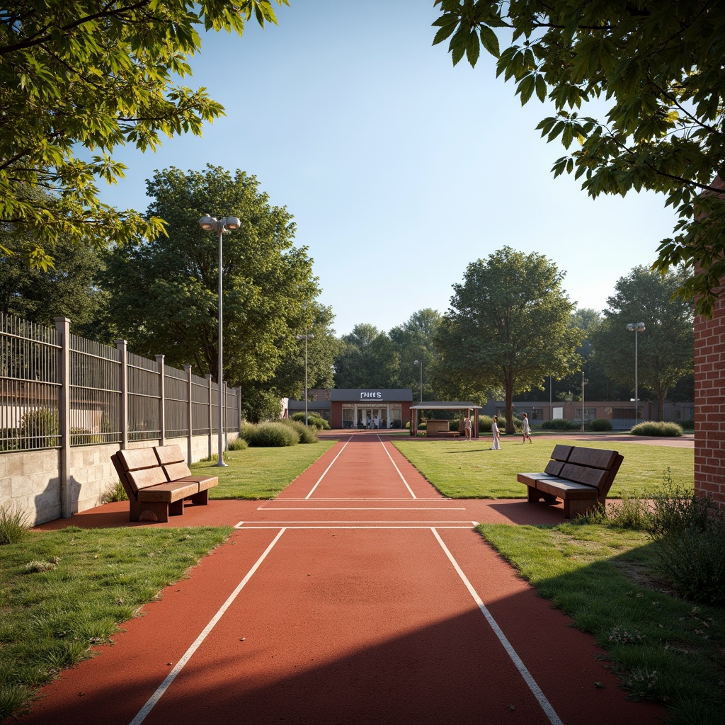 Prompt: Earth-toned athletic tracks, lush green grass, weathered stone walls, rustic wooden benches, vintage metal fencing, distressed leather goalposts, aged bronze accents, warm sunny day, soft natural lighting, shallow depth of field, 2/3 composition, symmetrical framing, realistic textures, ambient occlusion, Renaissance-inspired ornate details, classic typography, muted color scheme, earthy reds, mossy greens, sky blues.