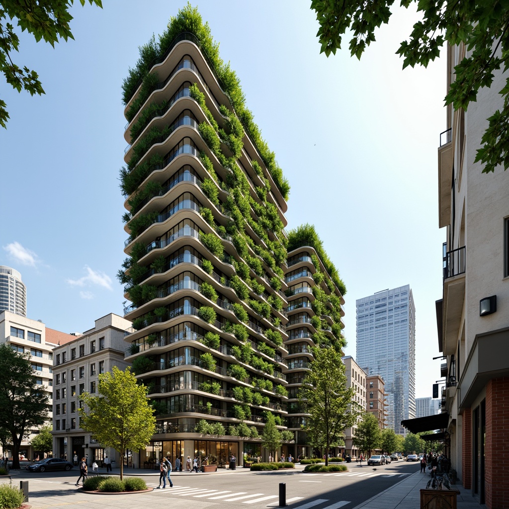 Prompt: Eco-friendly skyscraper, lush green roofs, solar panels, wind turbines, water conservation systems, recycled materials, energy-efficient glass facades, natural ventilation systems, living walls, vertical gardens, urban farming, rainwater harvesting, grey water reuse, composting facilities, biodegradable waste management, sustainable urban planning, pedestrian-friendly streets, electric vehicle charging stations, bike-sharing systems, green public spaces, vibrant street art, sunny day, soft warm lighting, shallow depth of field, 3/4 composition, panoramic view, realistic textures, ambient occlusion.