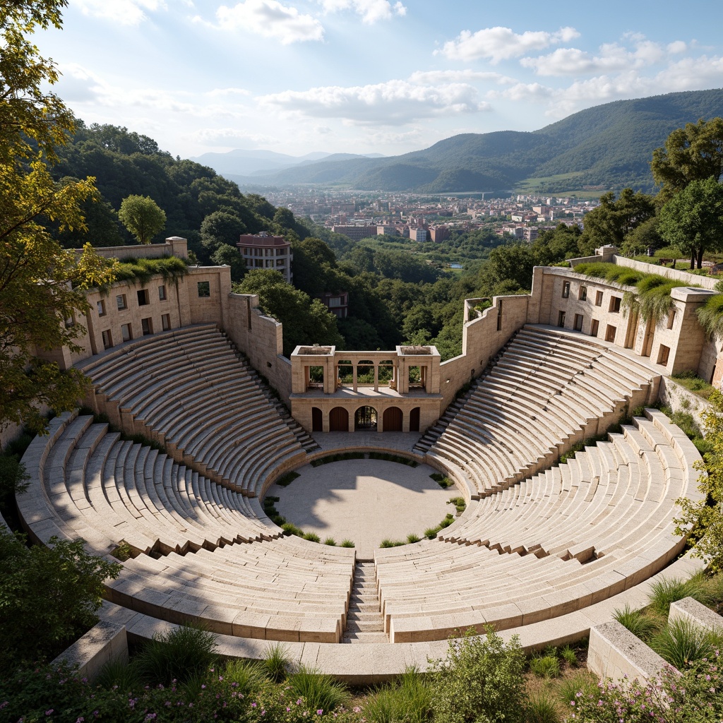 Prompt: Grand amphitheater, ancient Greek architecture, natural ventilation systems, open-air design, tiered seating, stone or marble structures, curved lines, elevated stages, scenic backdrops, lush greenery, surrounding hills, warm sunny day, soft gentle breeze, shallow depth of field, 1/1 composition, panoramic view, realistic textures, ambient occlusion.