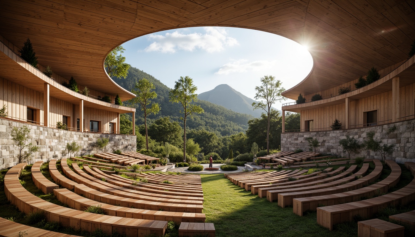 Prompt: Amphitheater architecture, curved seating tiers, natural stone walls, wooden benches, grassy slopes, scenic mountain views, afternoon sunlight, soft warm ambiance, gradient acoustic paneling, suspended sound reflectors, hidden speakers, optimized reverberation times, clear vocal clarity, minimal echo effects, 3/4 composition, panoramic view, realistic textures, ambient occlusion.