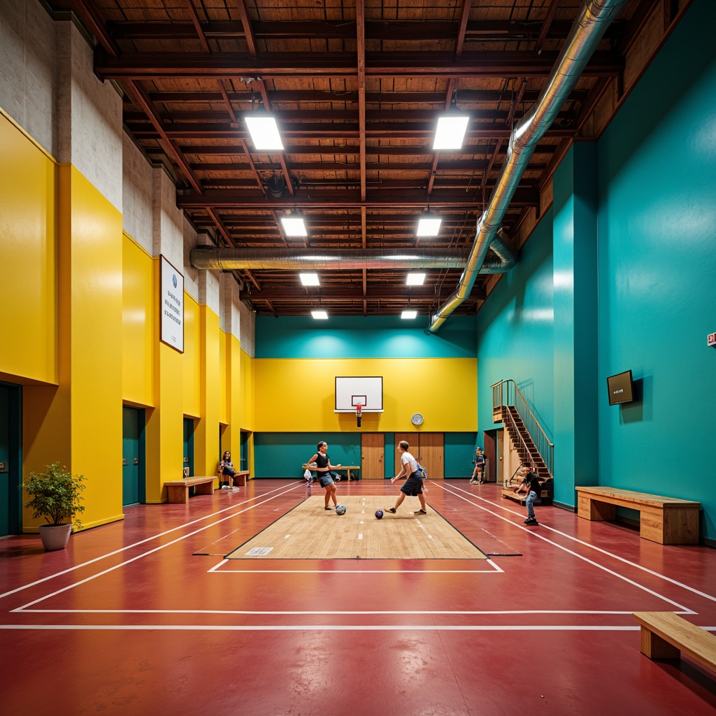 Prompt: Vibrant gymnasium interior, eclectic mix of colors, bold turquoise walls, bright yellow accents, deep crimson flooring, metallic silver equipment, natural wood tones, industrial steel beams, modern LED lighting, high ceilings, dramatic shadows, dynamic camera angles, shallow depth of field, 1/2 composition, warm atmospheric glow, realistic textures, ambient occlusion.Please let me know if this meets your expectations!