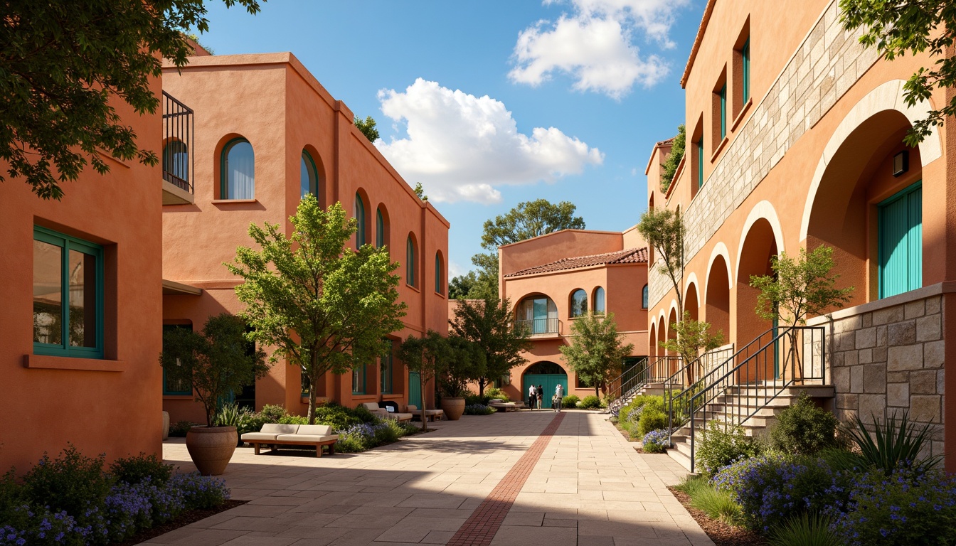 Prompt: Warm sienna buildings, earthy tones, rustic textures, Mediterranean architecture, curved lines, ornate details, natural stone walls, terracotta roofs, vibrant turquoise accents, lush greenery, blooming flowers, warm sunny day, soft warm lighting, shallow depth of field, 3/4 composition, panoramic view, realistic textures, ambient occlusion.