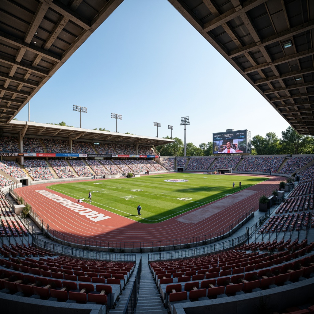 Prompt: Grandstand seating, athletic track, football field, scoreboard displays, floodlighting system, tiered spectator areas, reinforced concrete structures, steel beams, cantilevered roofs, open-air ventilation, natural grass surfaces, vibrant team colors, dynamic crowd atmosphere, shallow depth of field, 3/4 composition, panoramic view, realistic textures, ambient occlusion.