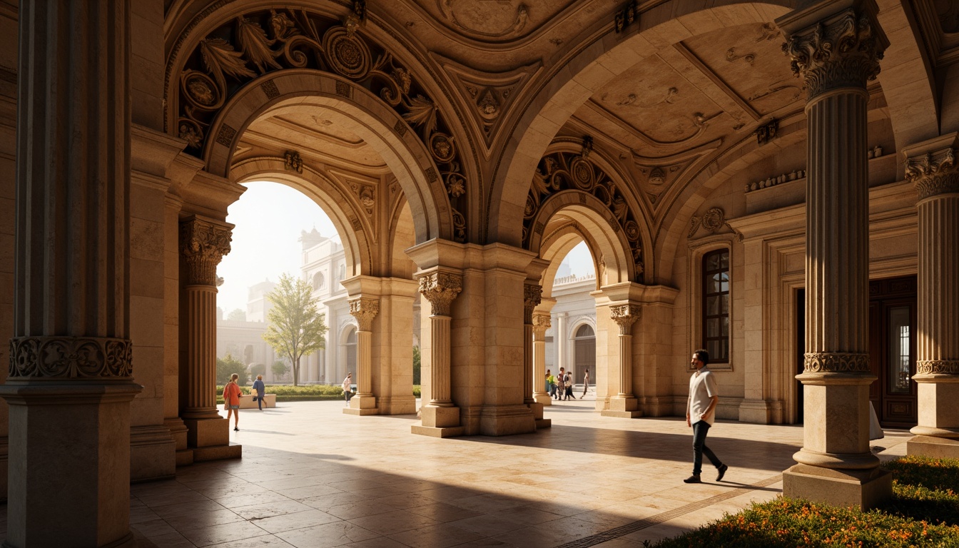 Prompt: Intricate stone carvings, ornate arches, grand entranceways, rusticated bases, Corinthian columns, decorative pilasters, warm golden lighting, soft focus, cinematic composition, 2.35