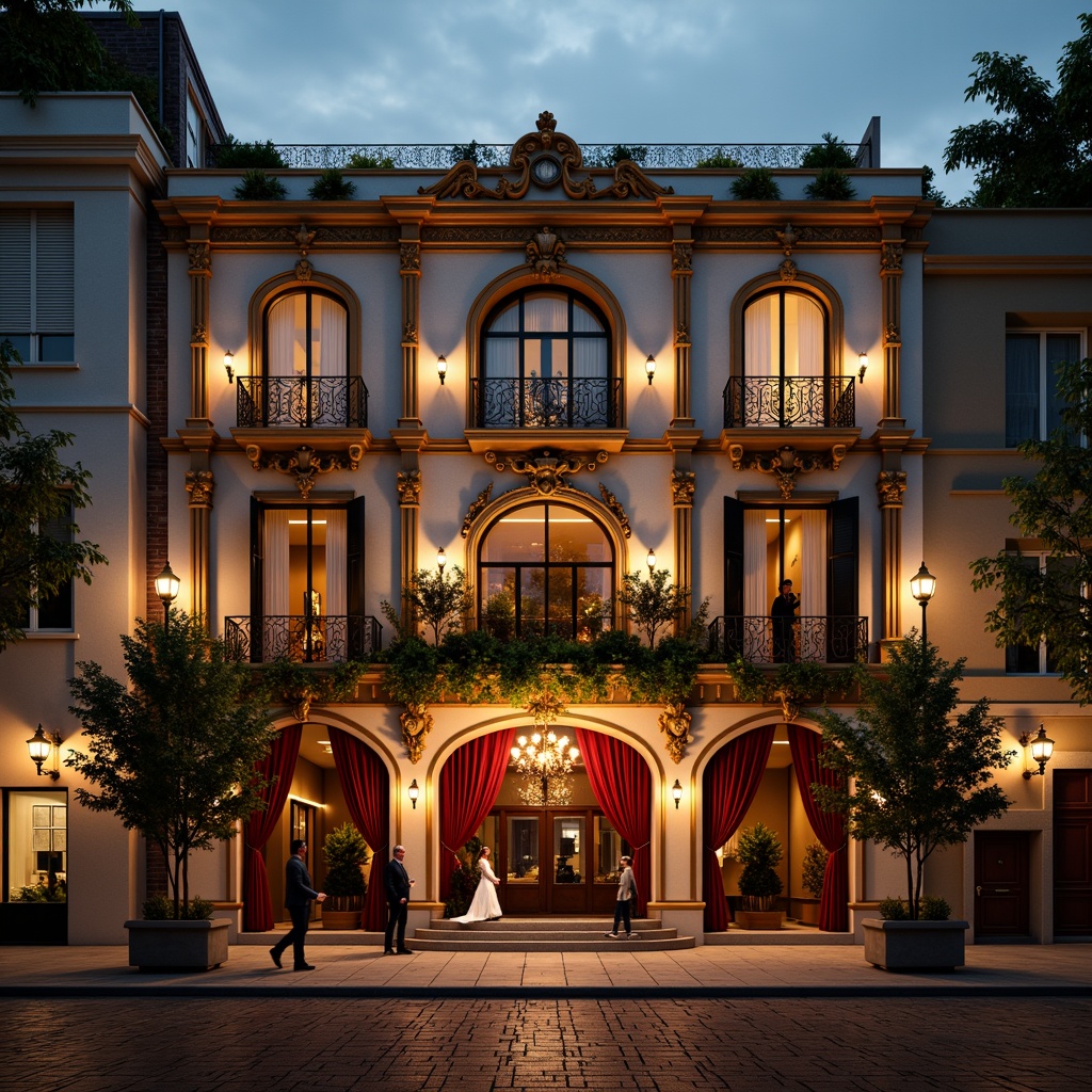 Prompt: Whimsical music venue, ornate facade, grand entrance, Baroque-inspired details, intricate carvings, warm golden lighting, soft crimson curtains, luxurious velvet drapes, ornamental balconies, delicate ironwork, romantic-era inspired architecture, vintage street lamps, cobblestone pavement, misty evening atmosphere, shallow depth of field, 1/1 composition, warm color palette, realistic textures, ambient occlusion.