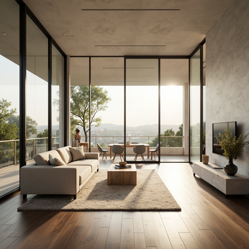 Prompt: \Spacious living room, floor-to-ceiling windows, sliding glass doors, minimal obstruction, open-plan layout, reflective surfaces, light-colored interior, airy atmosphere, abundant natural light, warm sunny day, soft gentle lighting, shallow depth of field, 3/4 composition, panoramic view, realistic textures, ambient occlusion.\