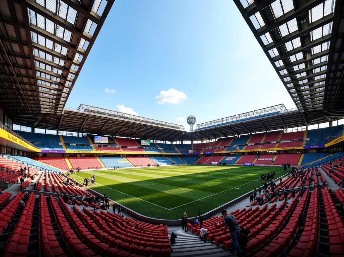 Prompt: Vibrant stadium interior, bold color schemes, dynamic seating arrangements, energetic crowd atmosphere, electric floodlights, transparent roofs, modern athletic facilities, sleek metal structures, glossy paint finishes, bold typography, contrasting color accents, high-contrast lighting, 1/1 composition, shallow depth of field, dramatic shadows, realistic textures, ambient occlusion.