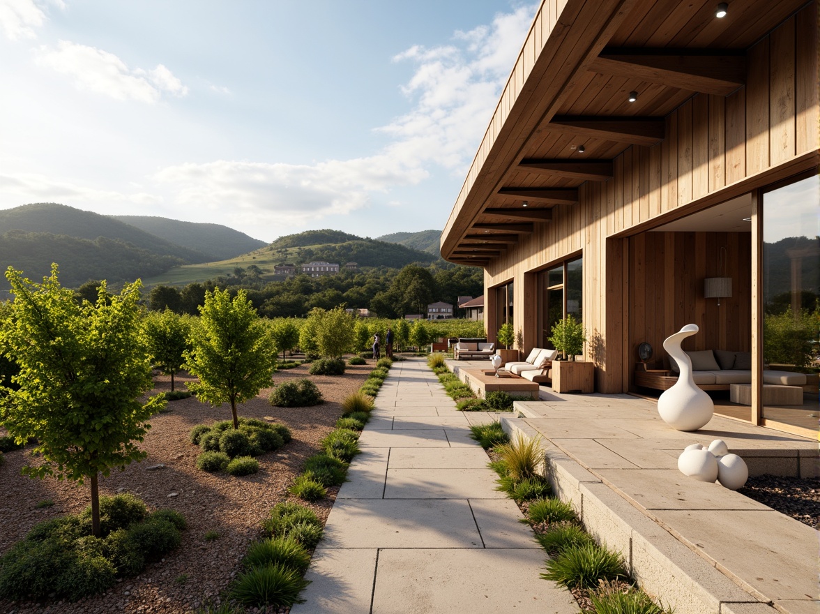 Prompt: Vineyard landscape, rolling hills, lush green vines, rustic stone walls, modern winery architecture, curved lines, minimalist design, large glass windows, wooden accents, natural stone floors, earthy color palette, warm soft lighting, shallow depth of field, 3/4 composition, panoramic view, realistic textures, ambient occlusion, sleek metal cladding, innovative LED lighting systems, cantilevered rooflines, asymmetrical forms, abstract sculptures, elegant water features, tranquil outdoor spaces, rustic wooden benches.