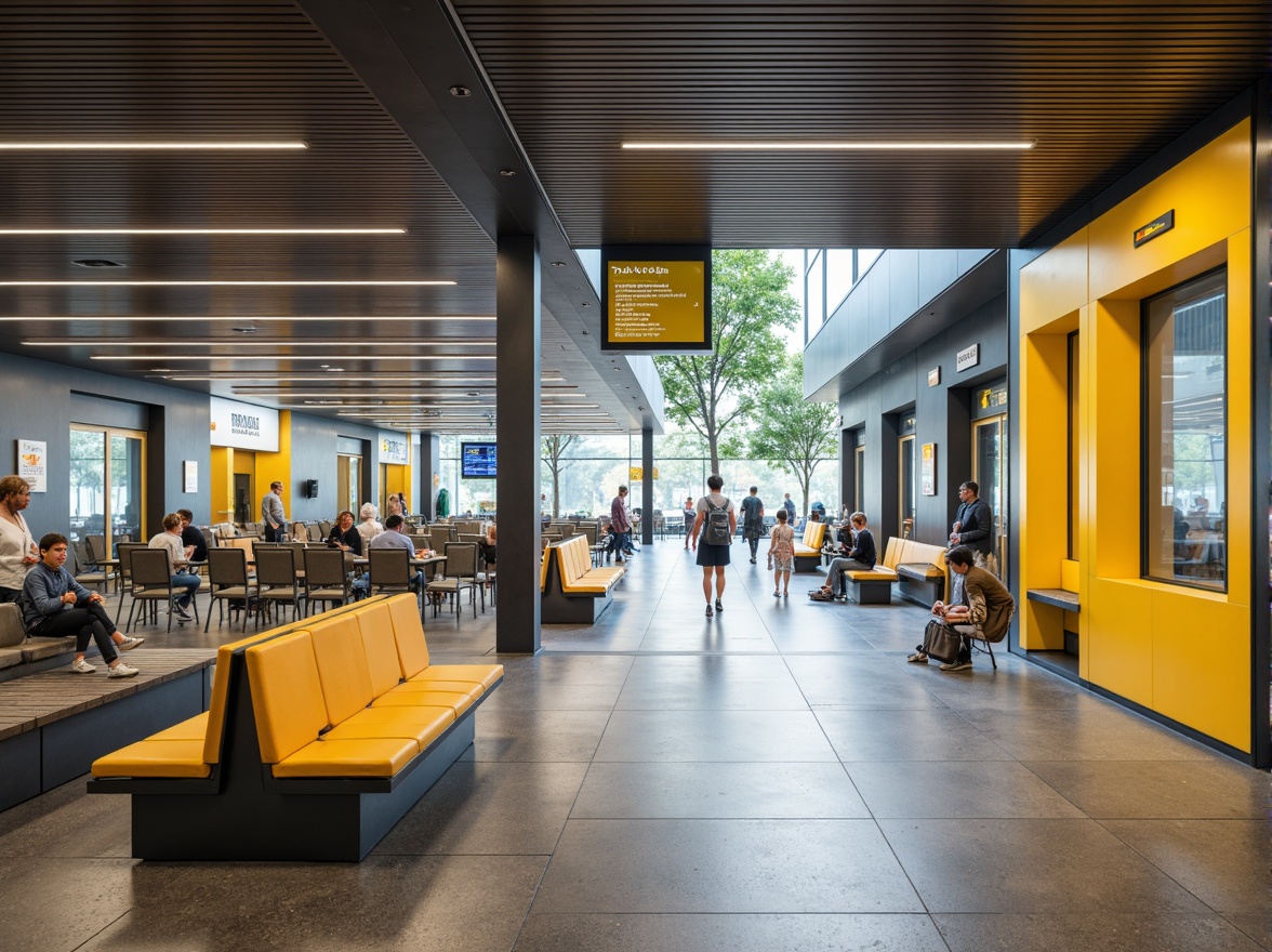 Prompt: Modern bus station interior, sleek metal benches, vibrant yellow accents, clear signage, digital information displays, efficient crowd flow, spacious waiting areas, natural stone flooring, minimalistic architecture, ample seating capacity, optimized traffic circulation, automatic sliding doors, energy-efficient lighting systems, warm color schemes, shallow depth of field, 3/4 composition, panoramic view, realistic textures, ambient occlusion.