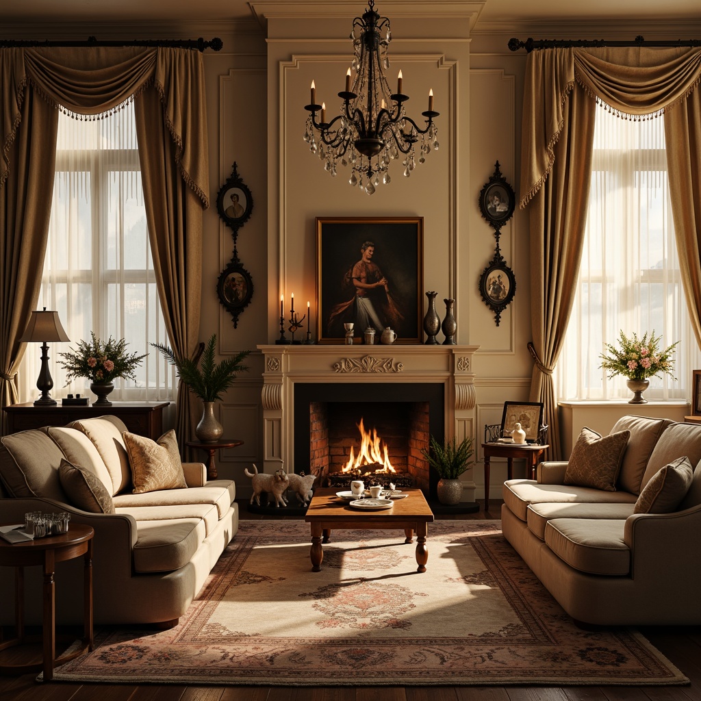 Prompt: Cozy living room, warm candlelight, soft velvet fabrics, antique furniture, distressed wood textures, vintage decorative items, floral patterns, pastel color palette, intimate atmosphere, gentle shadows, warm beige tones, luxurious rugs, ornate mirrors, crystal chandeliers, lace curtains, delicate porcelain vases, romantic artwork, whimsical sculptures, dramatic drapery, 1/1 composition, softbox lighting, realistic reflections, ambient occlusion.