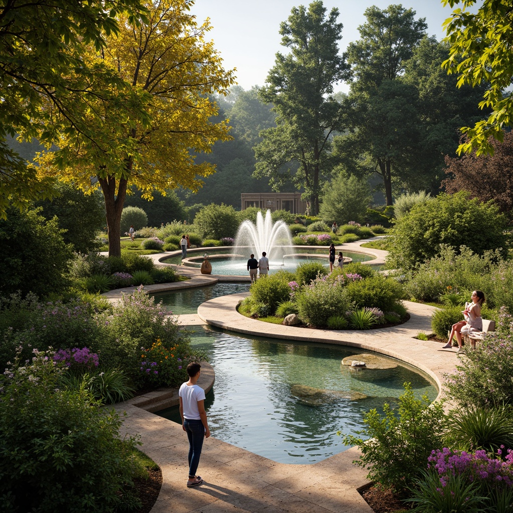 Prompt: Vibrant botanical gardens, meandering pathways, tranquil water features, ornate fountains, lush greenery, blooming flowers, majestic trees, natural stone walls, wooden benches, artistic sculptures, warm seasonal lighting, soft focus, 3/4 composition, realistic textures, ambient occlusion.