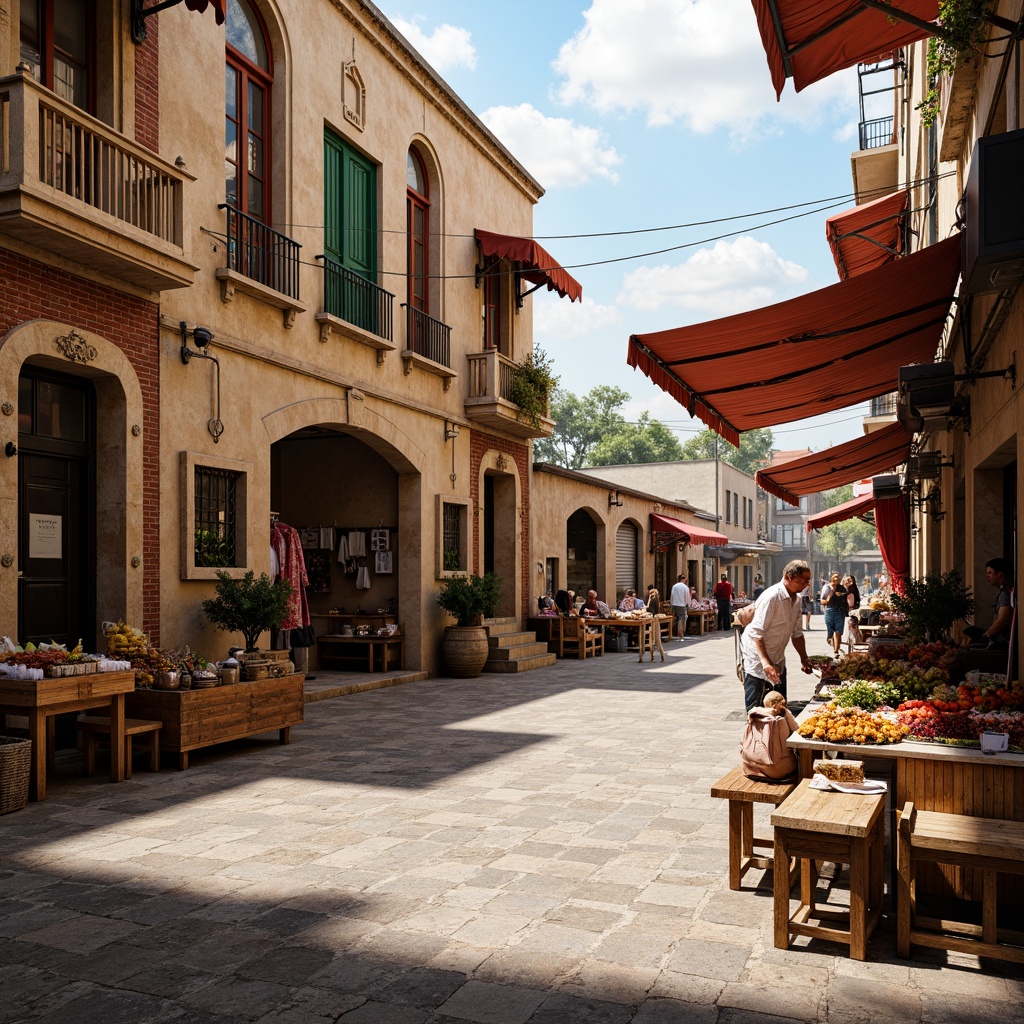 Prompt: Rustic market scene, Romanesque style facades, ornate stone carvings, arched windows, rounded doorways, weathered brick walls, terracotta roofing, vibrant market stalls, colorful textiles, exotic spices, fresh produce, bustling crowds, warm sunny day, soft natural lighting, shallow depth of field, 1/2 composition, atmospheric perspective, realistic textures, ambient occlusion.