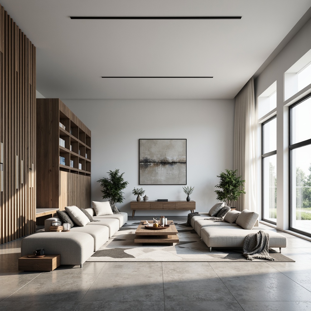 Prompt: Minimalist living room, monochromatic color scheme, sleek low-profile furniture, polished concrete floors, floor-to-ceiling windows, abundant natural light, sparse decorative accents, geometric-shaped rugs, industrial-chic lighting fixtures, functional shelving units, hidden storage compartments, calm ambiance, soft diffused lighting, shallow depth of field, 1/1 composition, realistic textures, ambient occlusion.